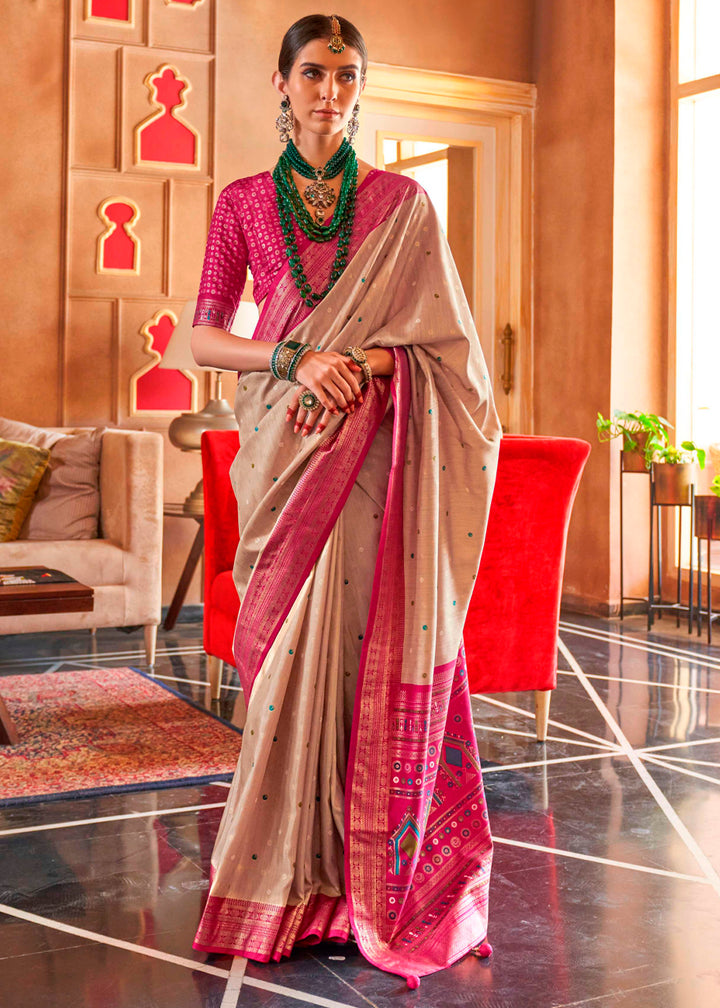 Beige Brown Silk Saree Featuring Patola Pattern and Aqua-Finish Sambalpuri Pallu