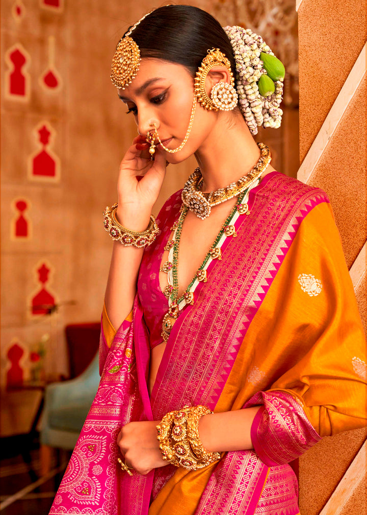 Mustard Yellow Silk Saree Featuring Patola Pattern and Aqua-Finish Sambalpuri Pallu