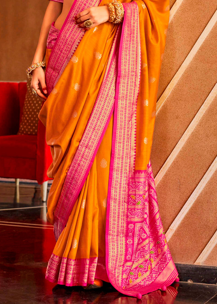Mustard Yellow Silk Saree Featuring Patola Pattern and Aqua-Finish Sambalpuri Pallu