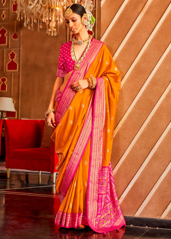 Mustard Yellow Silk Saree Featuring Patola Pattern and Aqua-Finish Sambalpuri Pallu