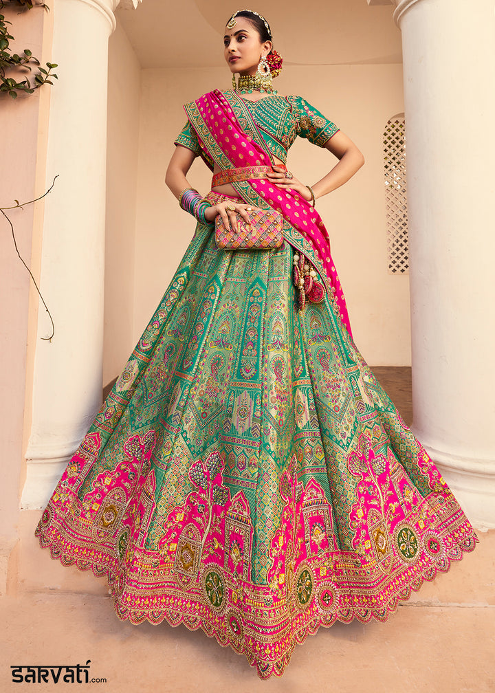 Sea Green Banarasi Silk Lehenga with Exquisite Hand Embroidery