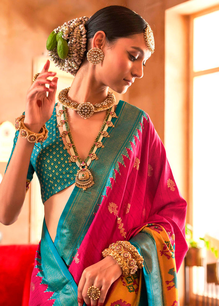 Magenta Pink Silk Saree Featuring Patola Pattern and Aqua-Finish Sambalpuri Pallu