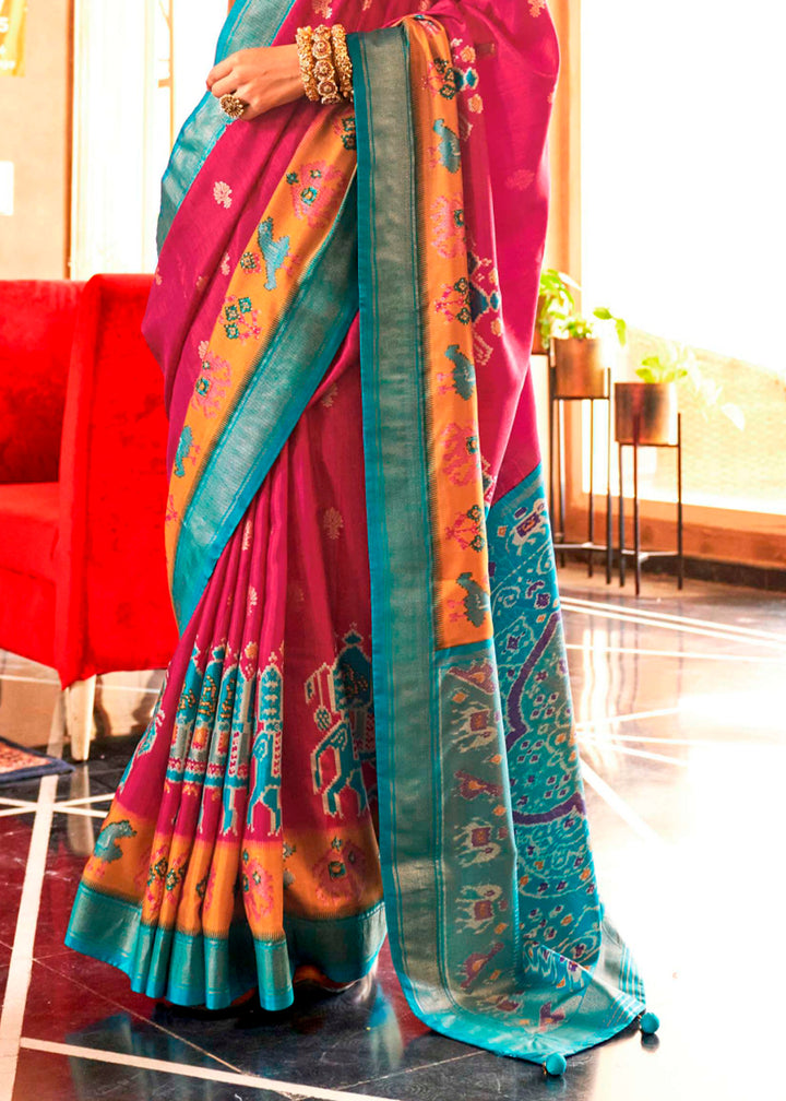 Magenta Pink Silk Saree Featuring Patola Pattern and Aqua-Finish Sambalpuri Pallu