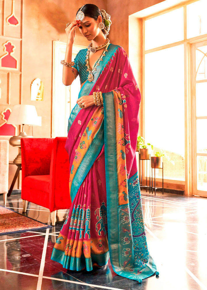 Magenta Pink Silk Saree Featuring Patola Pattern and Aqua-Finish Sambalpuri Pallu