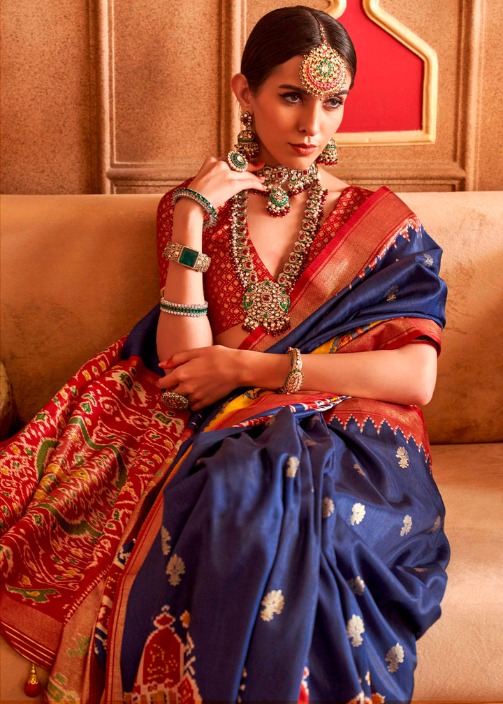 Navy Blue Silk Saree Featuring Patola Pattern and Aqua-Finish Sambalpuri Pallu