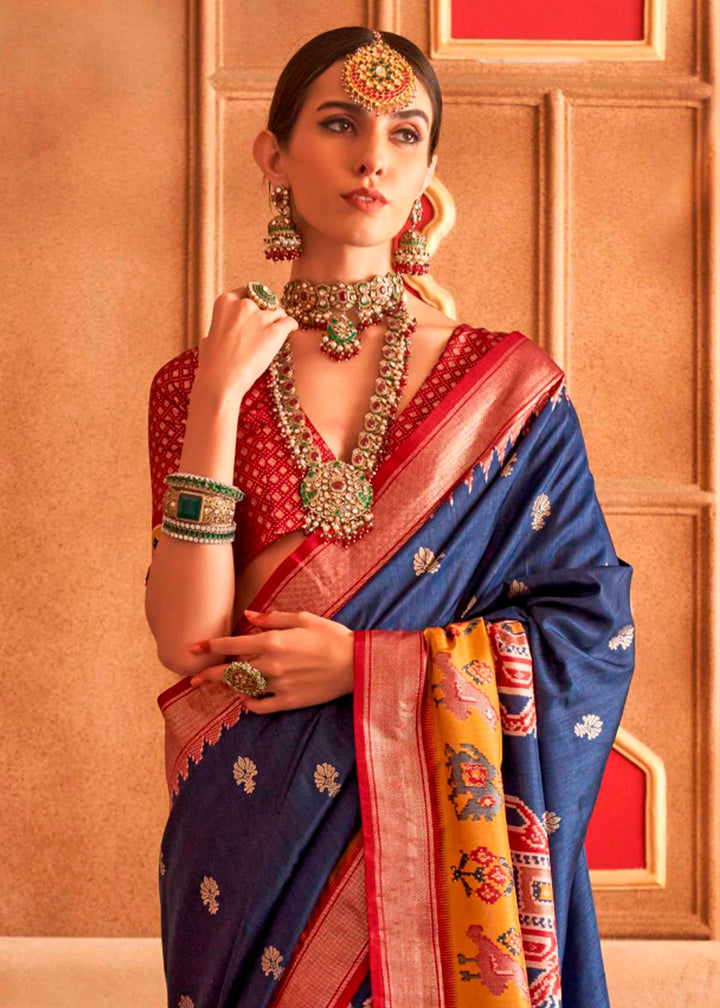 Navy Blue Silk Saree Featuring Patola Pattern and Aqua-Finish Sambalpuri Pallu