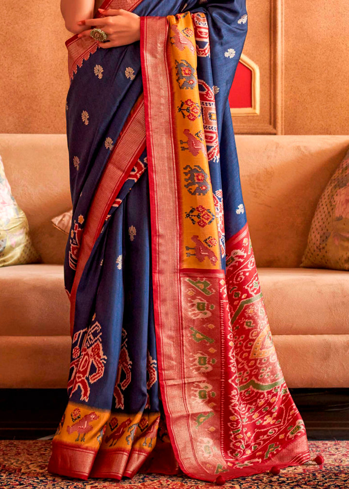 Navy Blue Silk Saree Featuring Patola Pattern and Aqua-Finish Sambalpuri Pallu