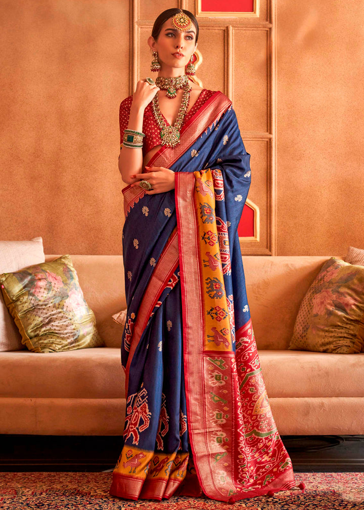 Navy Blue Silk Saree Featuring Patola Pattern and Aqua-Finish Sambalpuri Pallu