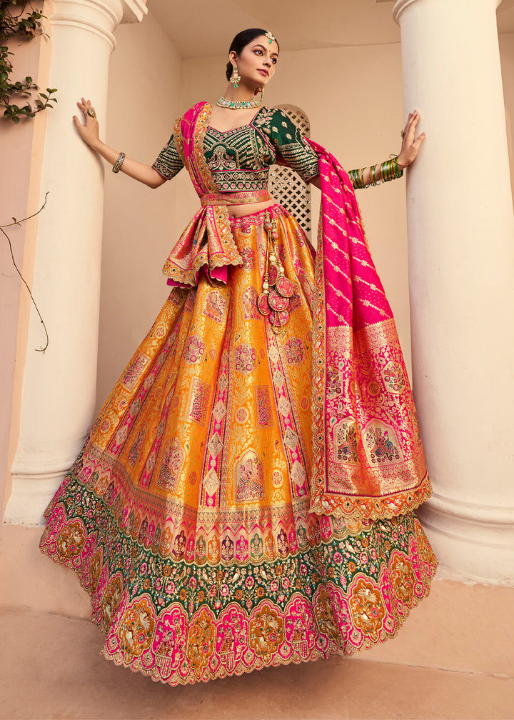 Yellow & Green Banarasi Silk Lehenga with Exquisite Hand Embroidery