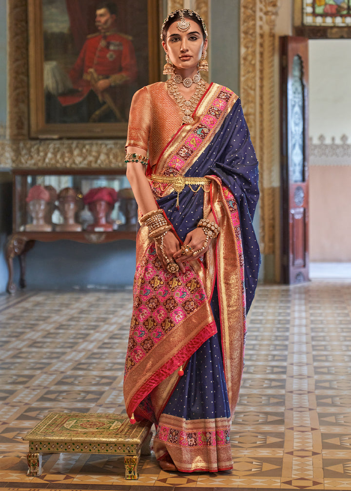 Navy Blue Banarasi Silk Saree with Rich Patola Design and Zari Highlights