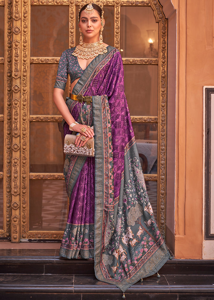 Purple & Grey Silk Saree with Swarovski Embellishments and Unique Figure Motifs