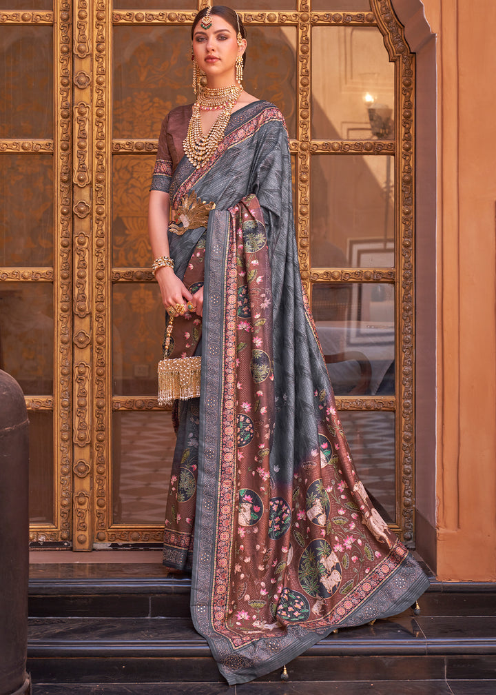 Anchor Grey Silk Saree with Swarovski Embellishments and Unique Figure Motifs