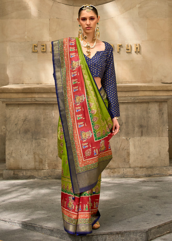 Kelly Green Foil Print Viscose Silk Saree with a Stunning Apoxy Finish