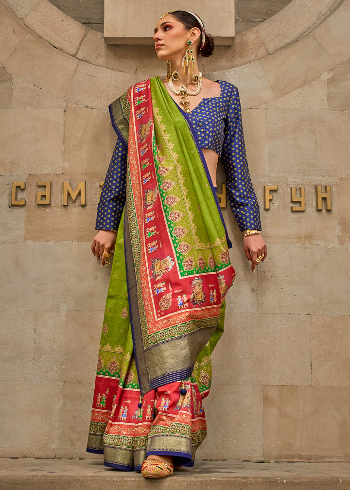 Kelly Green Foil Print Viscose Silk Saree with a Stunning Apoxy Finish