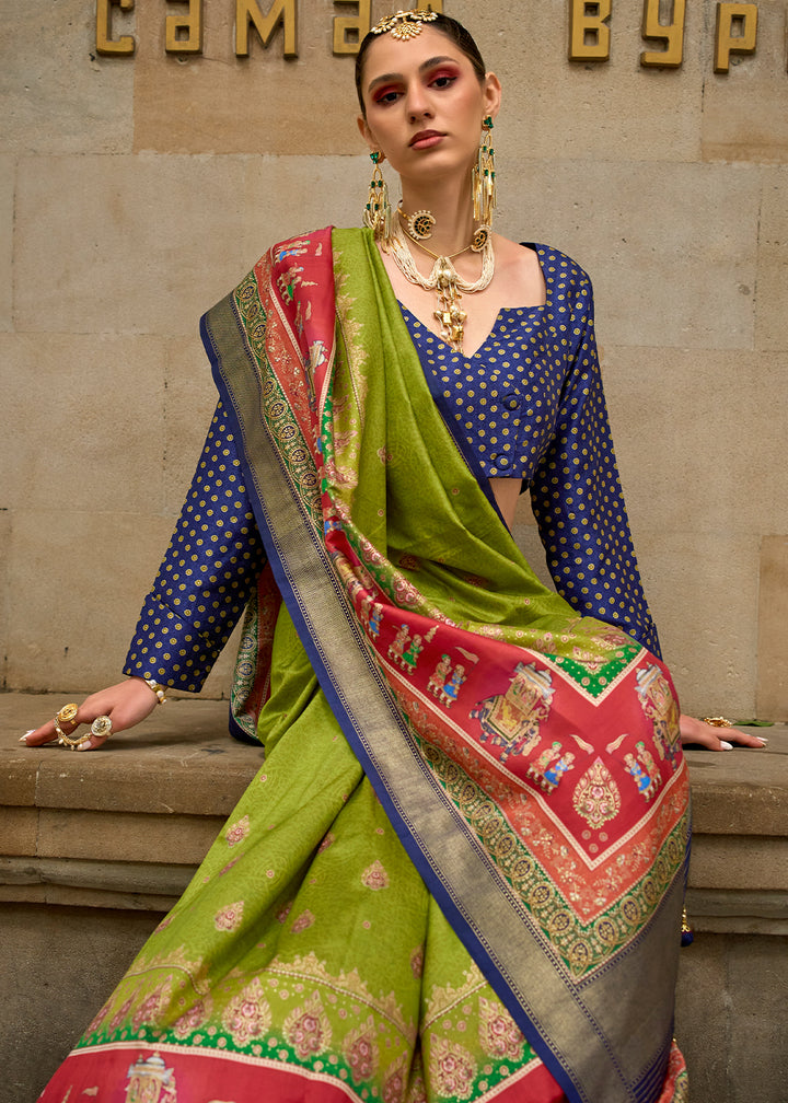 Kelly Green Foil Print Viscose Silk Saree with a Stunning Apoxy Finish