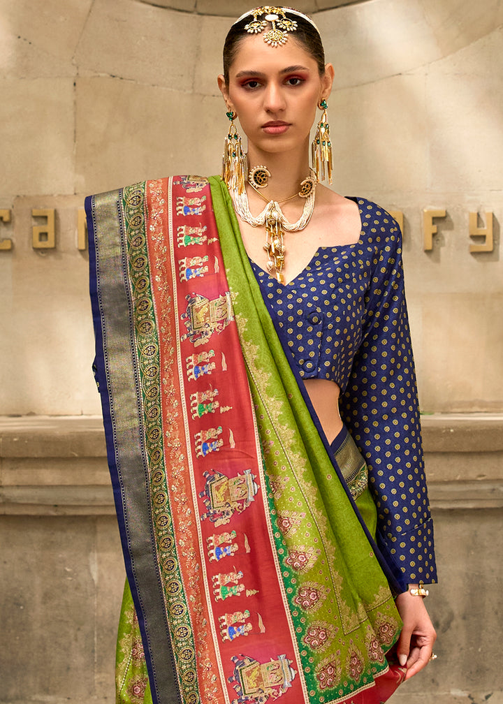 Kelly Green Foil Print Viscose Silk Saree with a Stunning Apoxy Finish