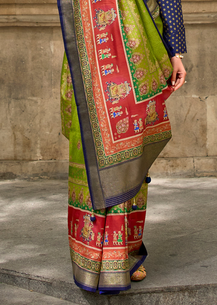 Kelly Green Foil Print Viscose Silk Saree with a Stunning Apoxy Finish