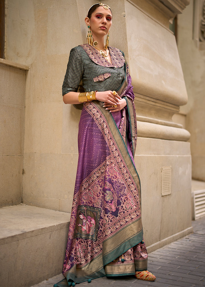 Rich Lilac Purple Foil Print Viscose Silk Saree with a Stunning Apoxy Finish