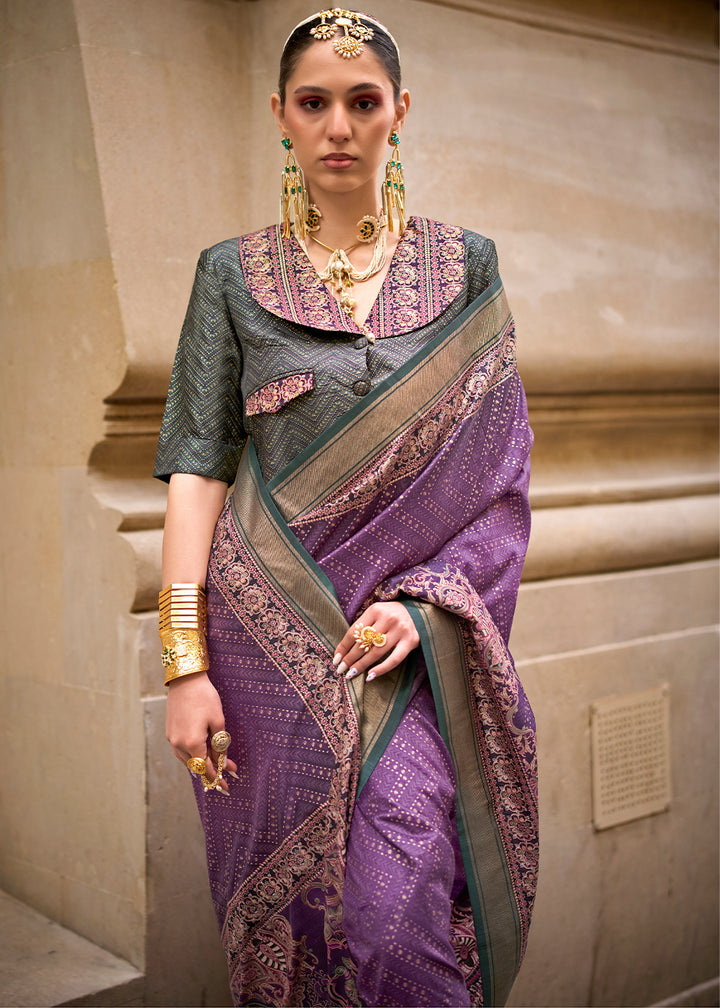 Rich Lilac Purple Foil Print Viscose Silk Saree with a Stunning Apoxy Finish
