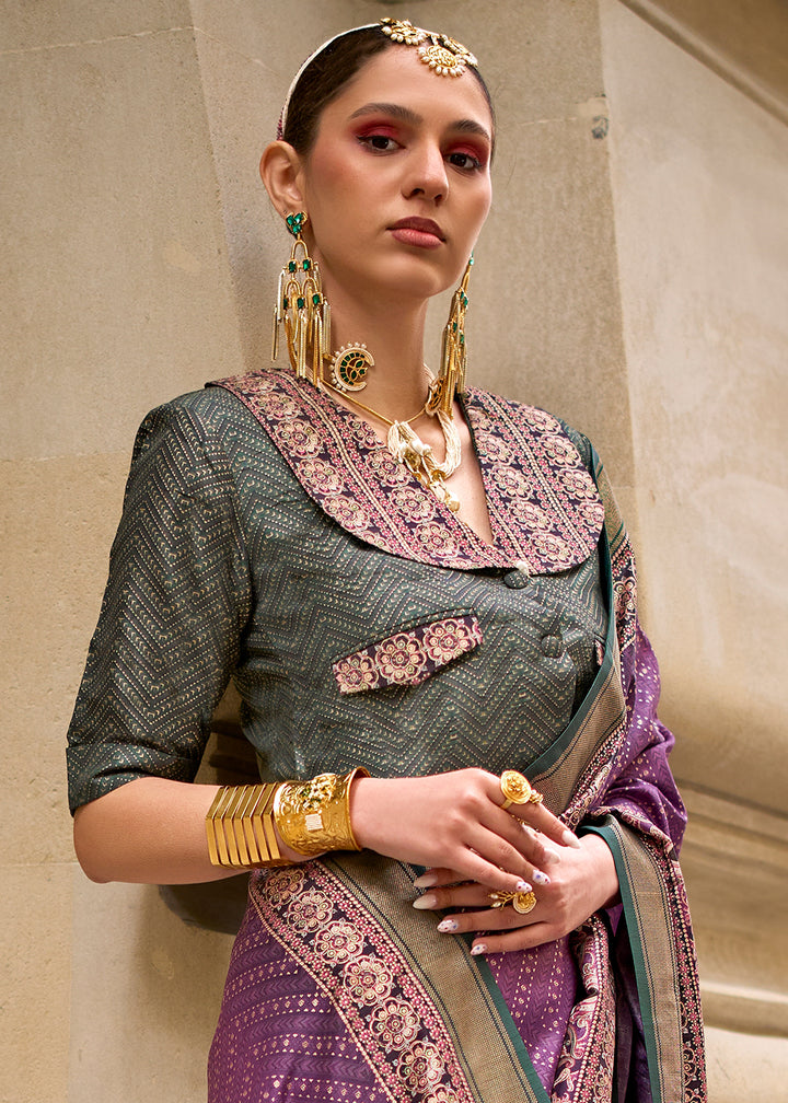 Rich Lilac Purple Foil Print Viscose Silk Saree with a Stunning Apoxy Finish