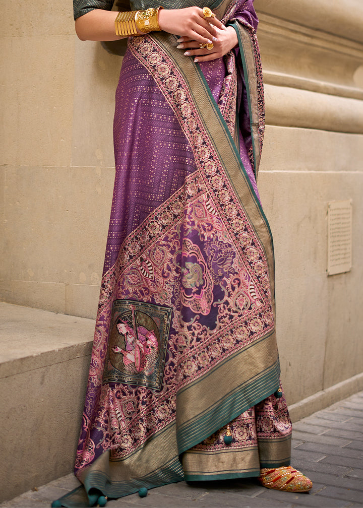 Rich Lilac Purple Foil Print Viscose Silk Saree with a Stunning Apoxy Finish