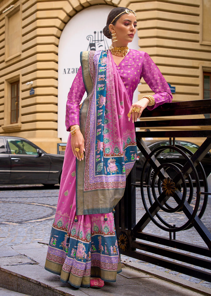 Creamy Pink Foil Print Viscose Silk Saree with a Stunning Apoxy Finish