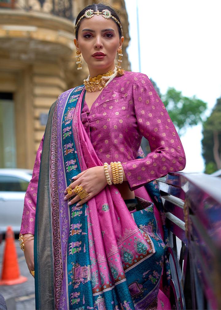 Creamy Pink Foil Print Viscose Silk Saree with a Stunning Apoxy Finish