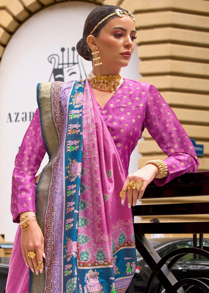 Creamy Pink Foil Print Viscose Silk Saree with a Stunning Apoxy Finish