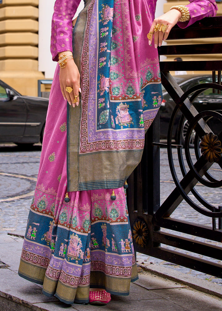 Creamy Pink Foil Print Viscose Silk Saree with a Stunning Apoxy Finish