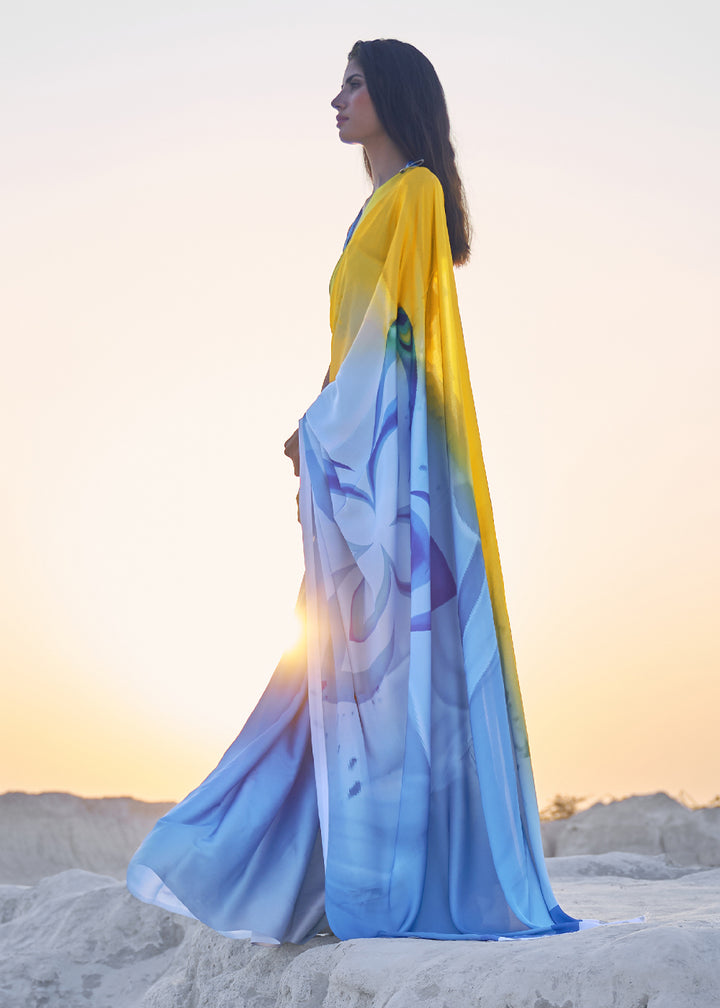 Blue & Yellow Satin Crepe Saree with Stylish Designer Prints
