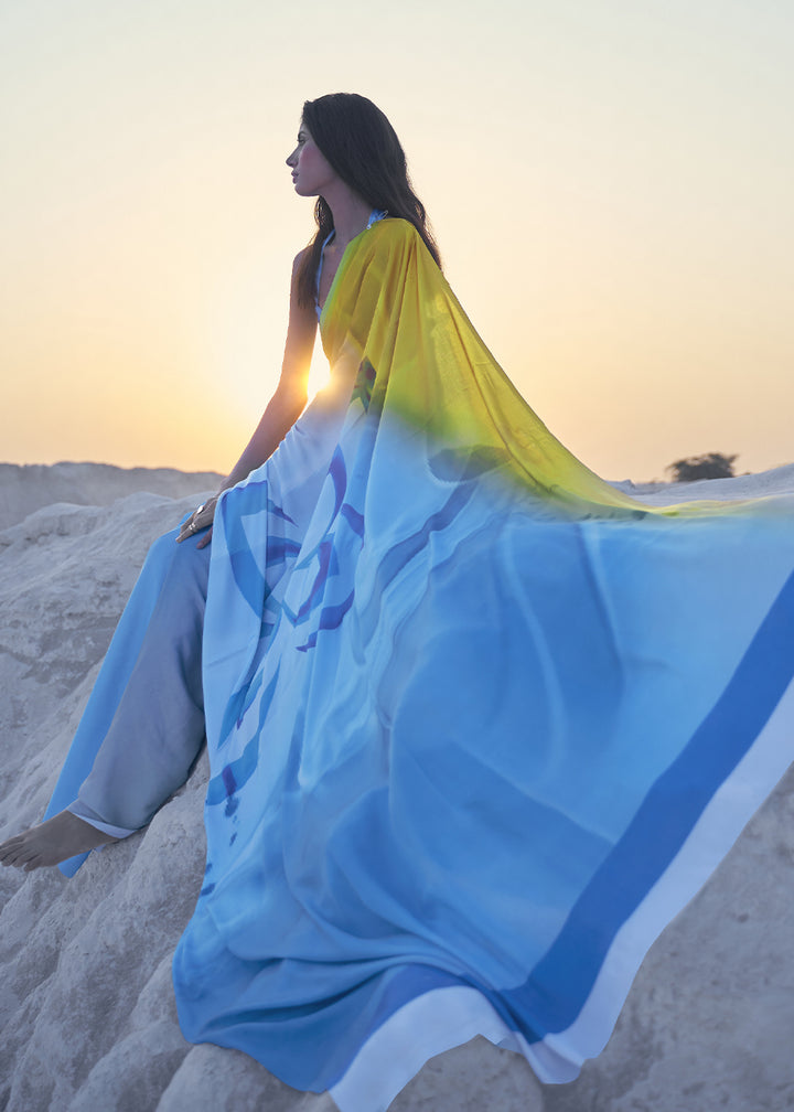 Blue & Yellow Satin Crepe Saree with Stylish Designer Prints
