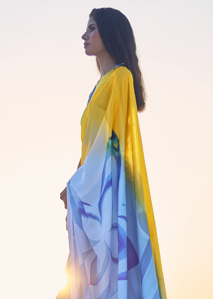 Blue & Yellow Satin Crepe Saree with Stylish Designer Prints