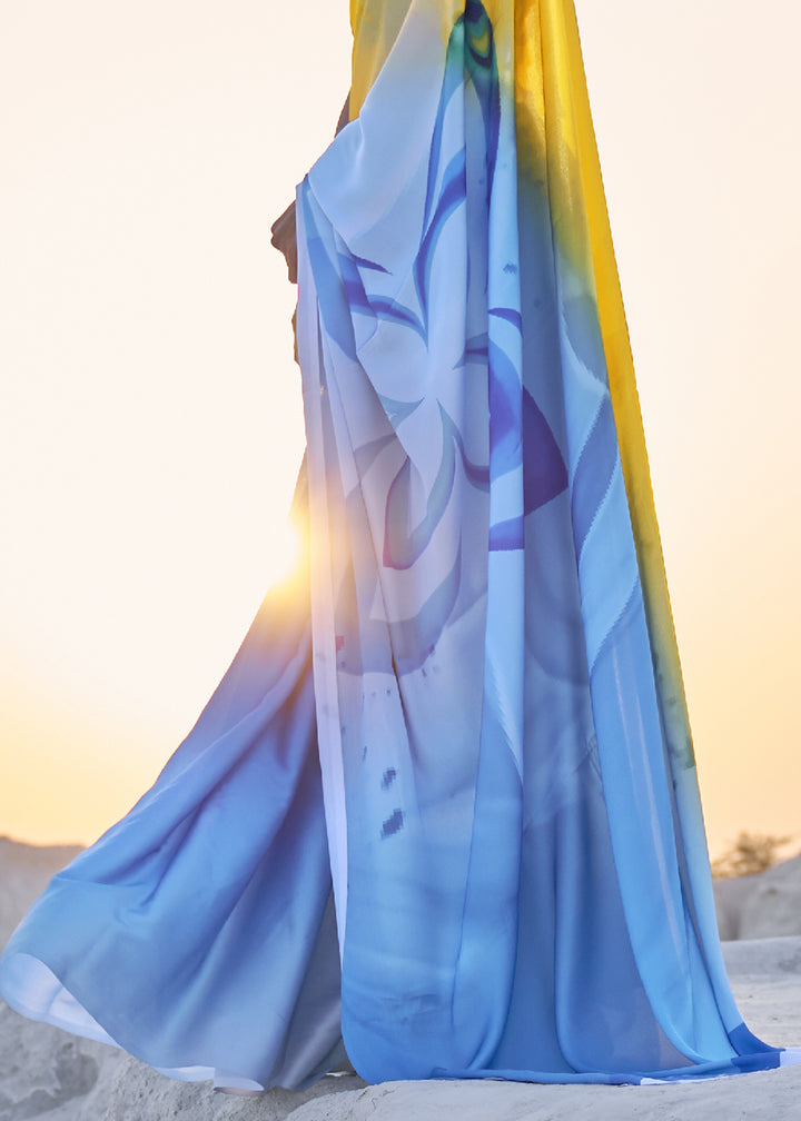 Blue & Yellow Satin Crepe Saree with Stylish Designer Prints