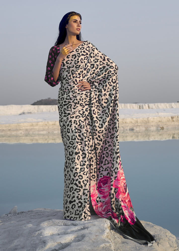 Black & White Satin Crepe Saree with Stylish Designer Prints