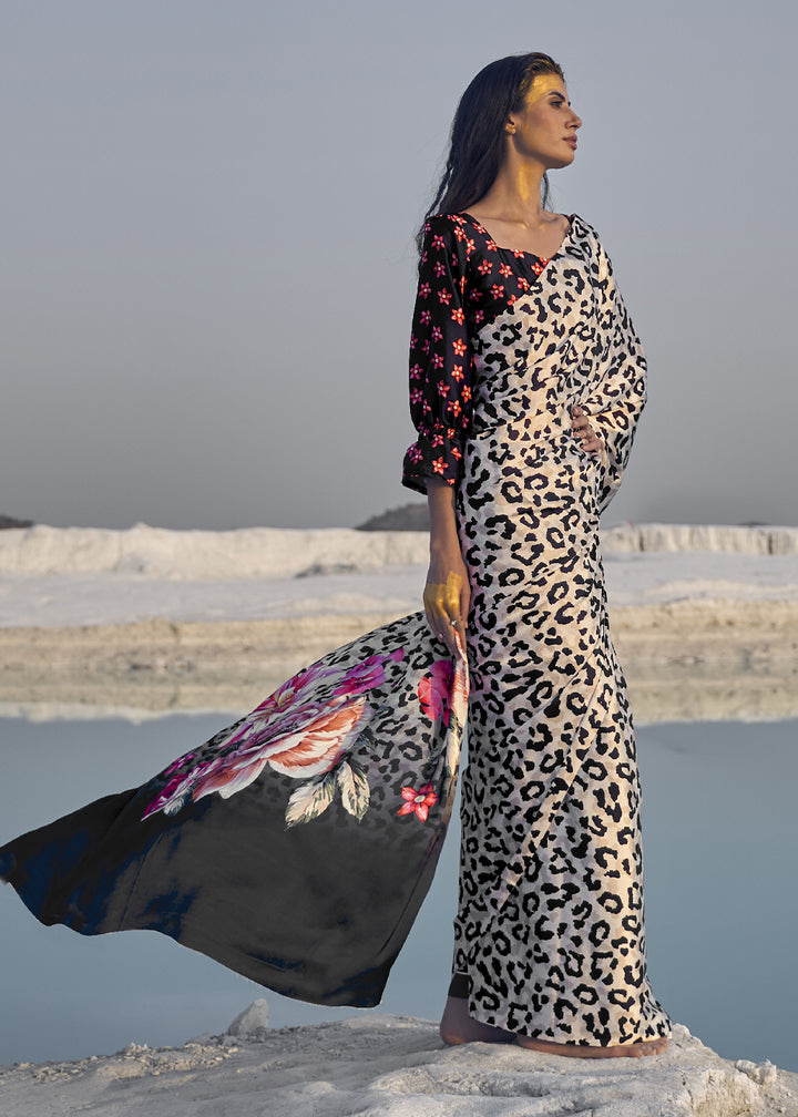 Black & White Satin Crepe Saree with Stylish Designer Prints