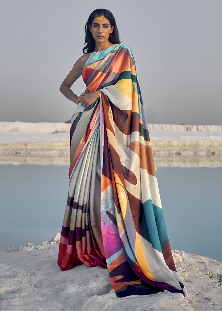 Multi Colored Satin Crepe Saree with Stylish Designer Prints
