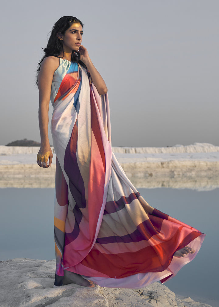 Multi Colored Satin Crepe Saree with Stylish Designer Prints