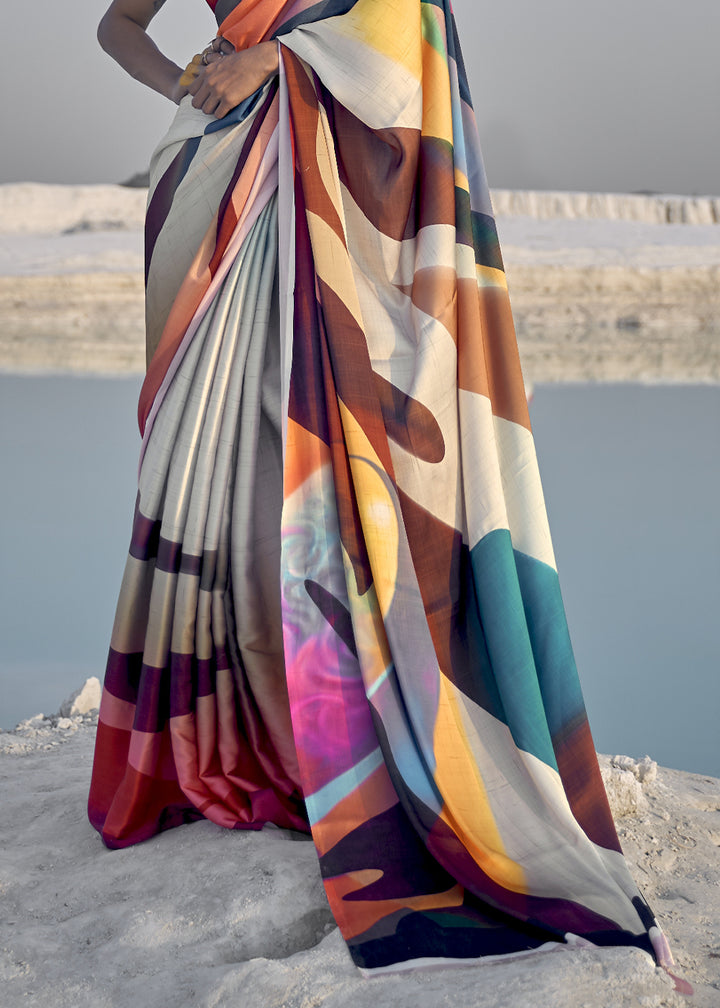 Multi Colored Satin Crepe Saree with Stylish Designer Prints