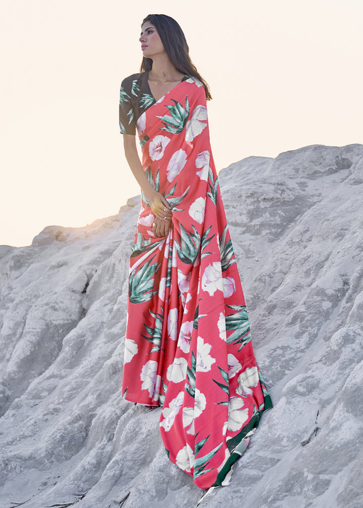 Brink Pink Satin Crepe Saree with Stylish Designer Prints
