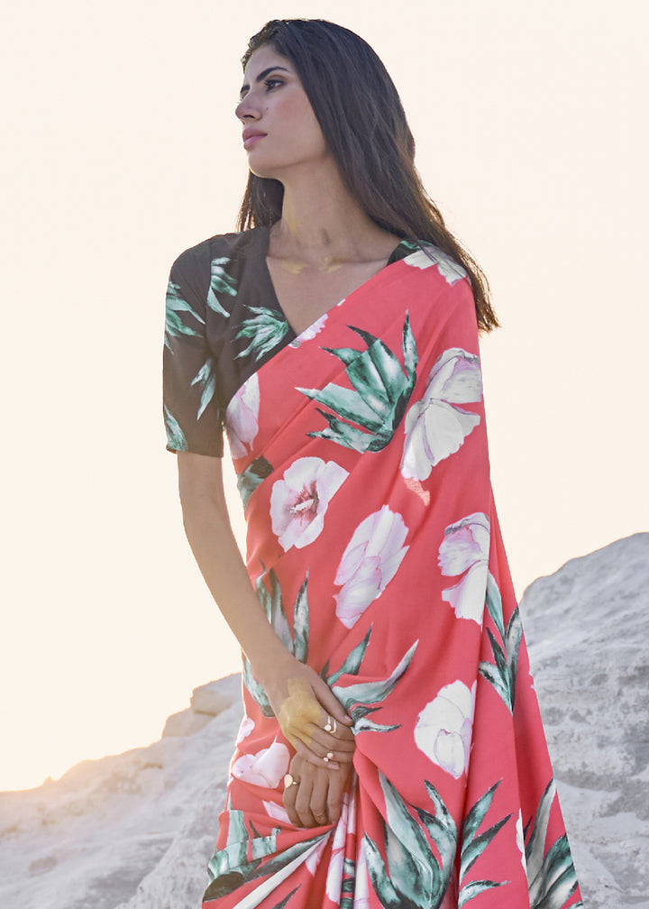 Brink Pink Satin Crepe Saree with Stylish Designer Prints