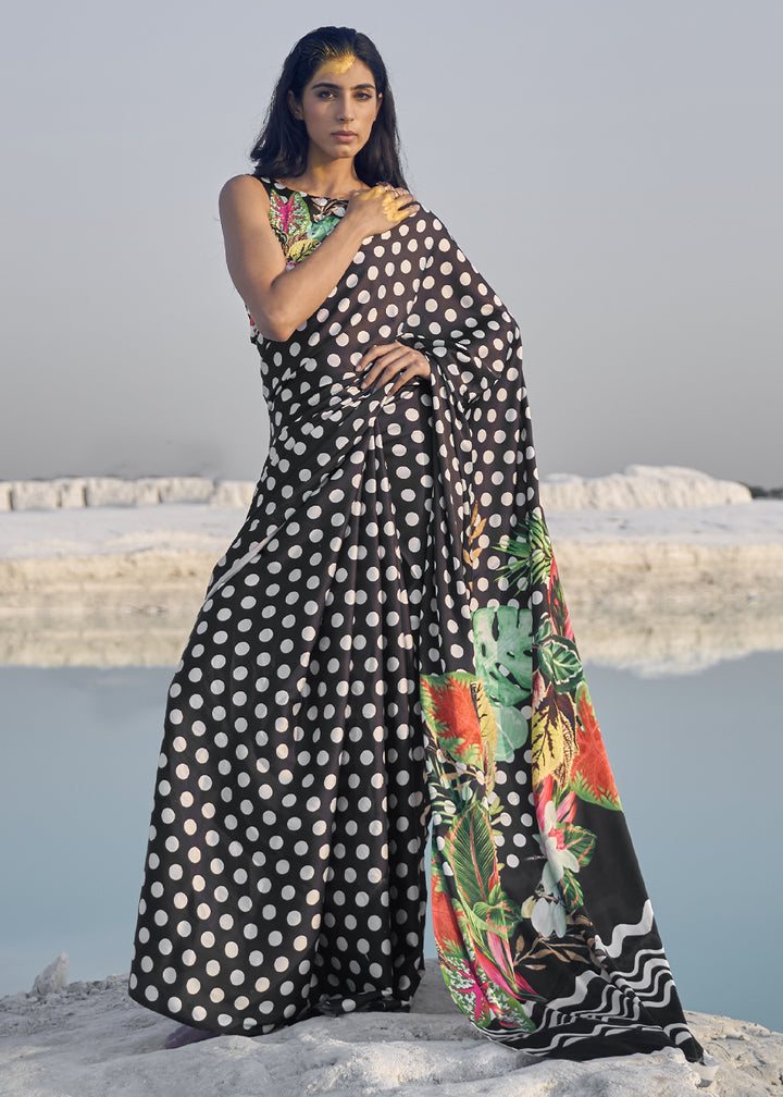 Jade Black Satin Crepe Saree with Stylish Designer Prints