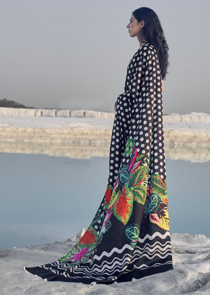 Jade Black Satin Crepe Saree with Stylish Designer Prints