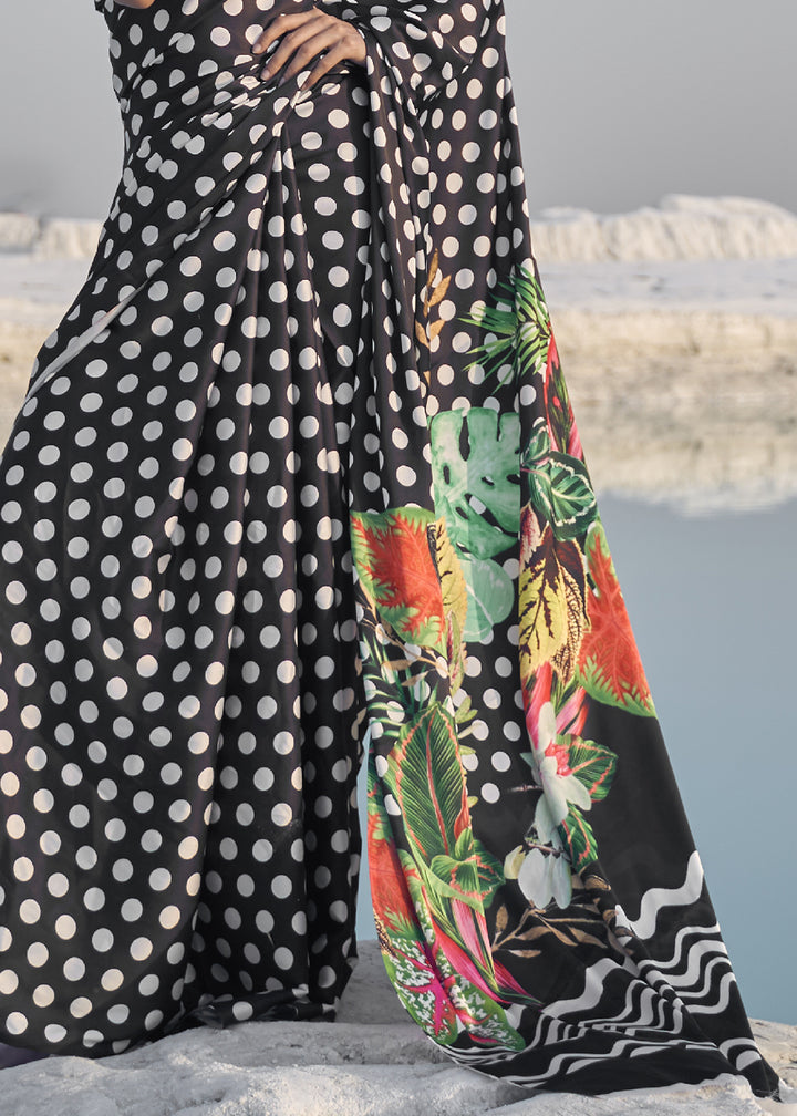 Jade Black Satin Crepe Saree with Stylish Designer Prints