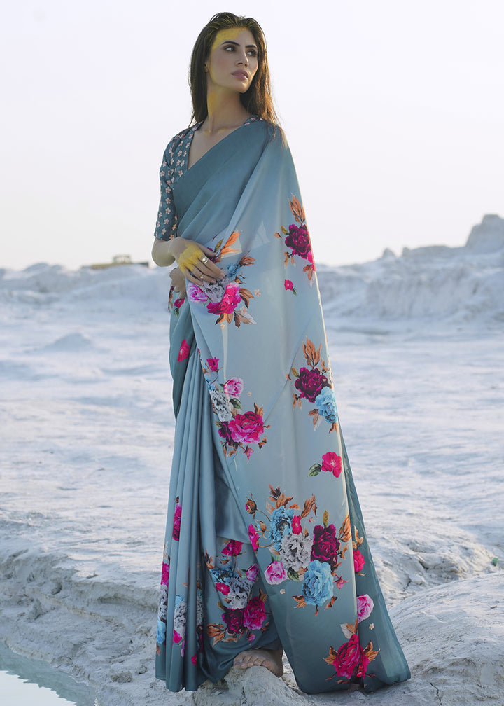 Shades Of Blue Satin Crepe Saree with Stylish Designer Prints