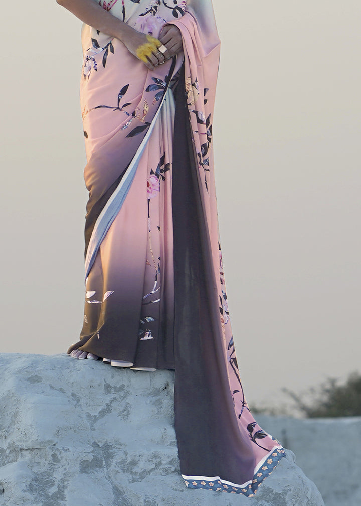 Pink & Blue Satin Crepe Saree with Stylish Designer Prints