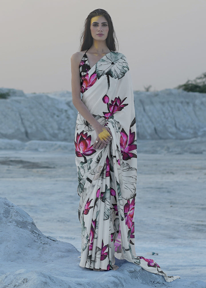 Pearl White Satin Crepe Saree with Stylish Designer Prints
