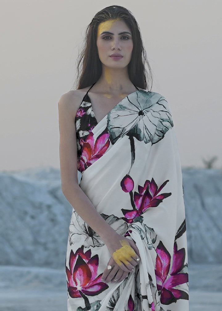 Pearl White Satin Crepe Saree with Stylish Designer Prints