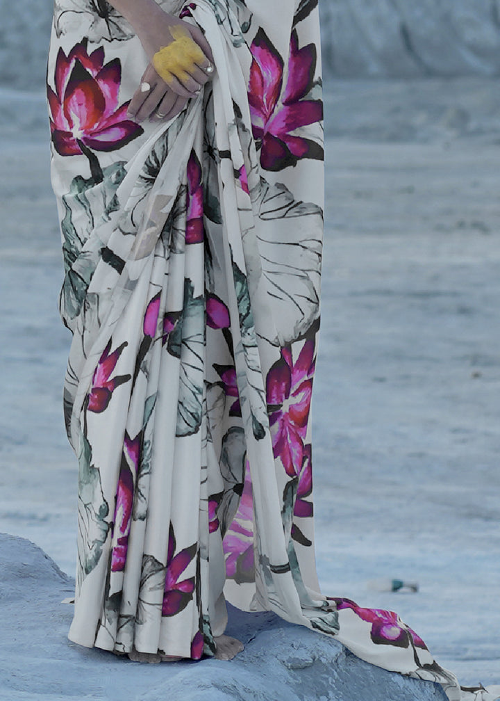 Pearl White Satin Crepe Saree with Stylish Designer Prints