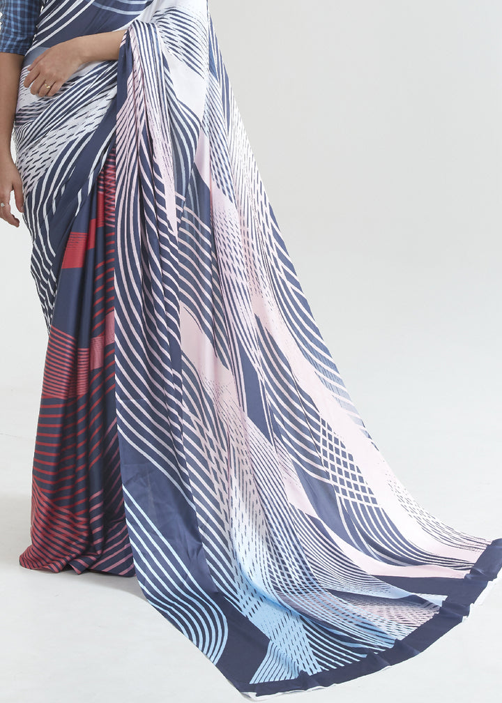 Blue & White Satin Crepe Saree Adorned with Digital Prints