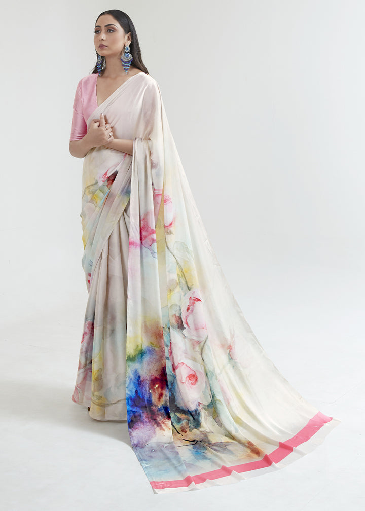 Pearl White Satin Crepe Saree Adorned with Digital Prints
